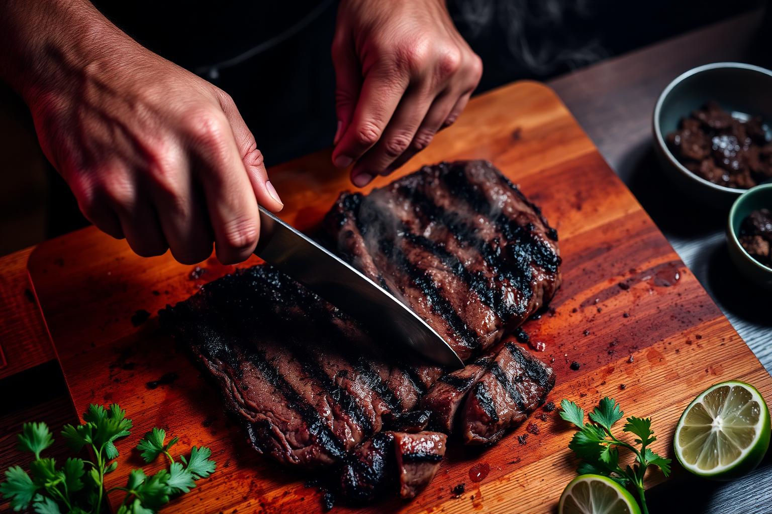 Manos del cocinero cortando fajita a mano sobre la tabla de madera